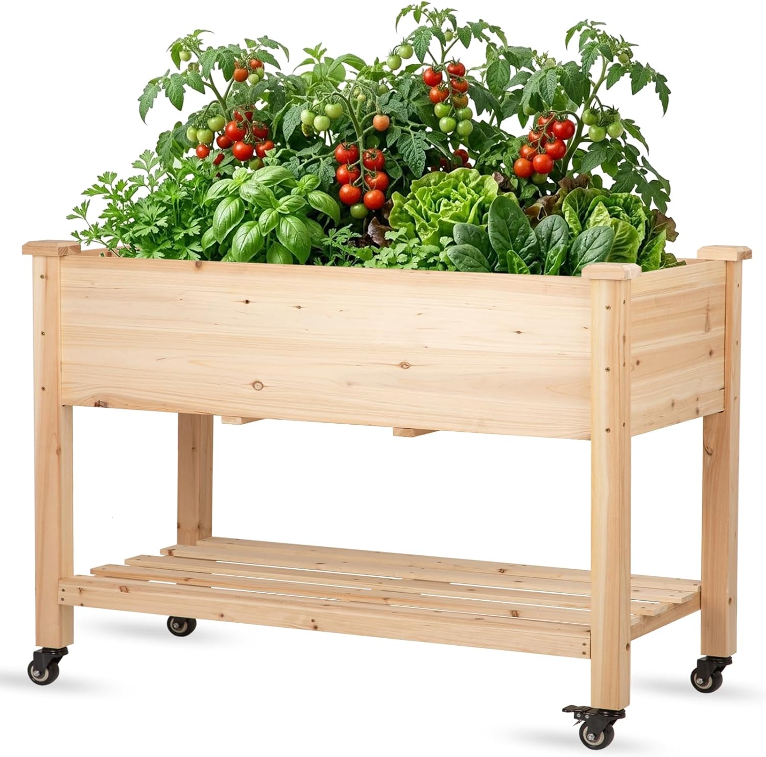 Raised Garden Bed with Lockable Wheels, 48x24x32 inch Elevated Wood Planter with Storage Shelf Protective Liner for Vegetable Flower Herb Outdoor Balcony Patio Backyard, Natural