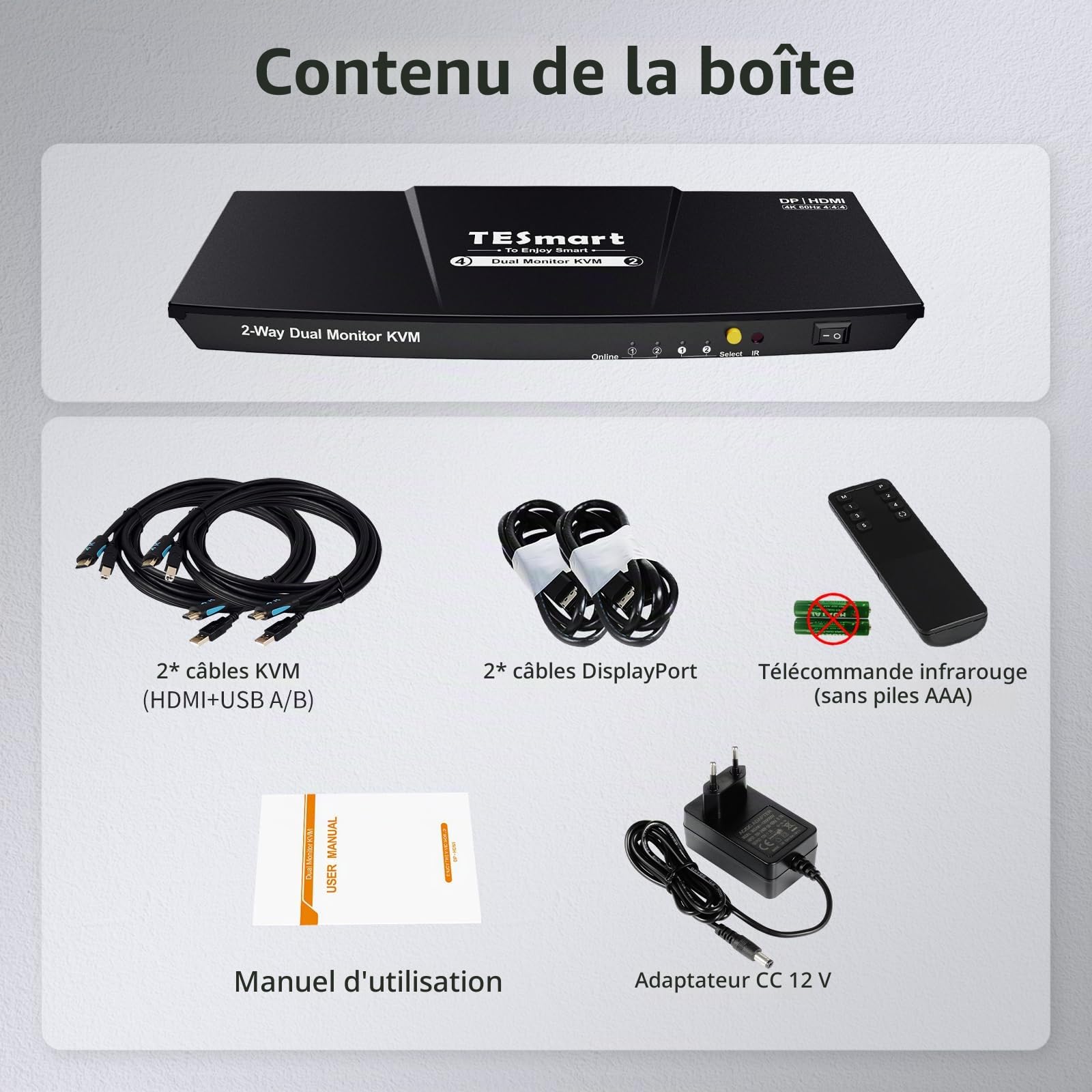 TESmart Commutateur KVM DisplayPort + HDMI 2 PC 2 écrans 4K@60Hz KVM Dual Monitor 2 ports mode étendu émulation EDID USB 2.0 audio L/R raccourcis clavier