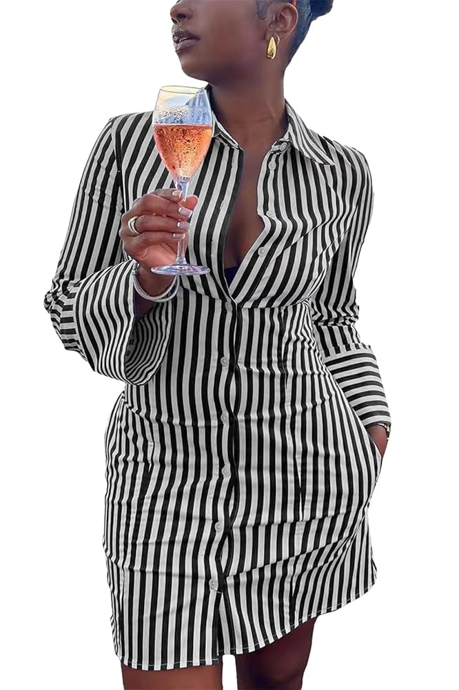 LROSEY Women's Long Sleeve Button Up Mini Shirt Dress Slim