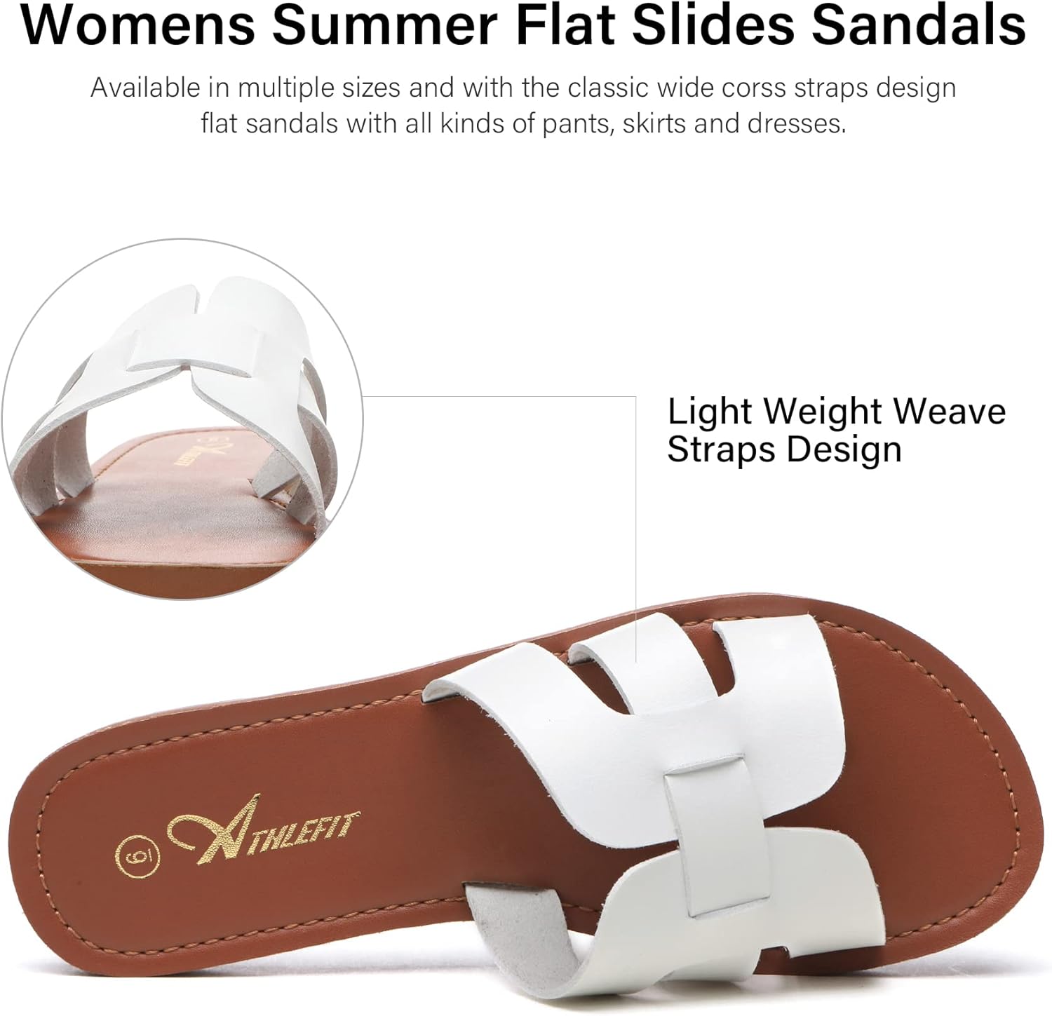 Athlefit Women's Flat Sandals Summer Casual Slip On Leather Slide Sandal - Image 3