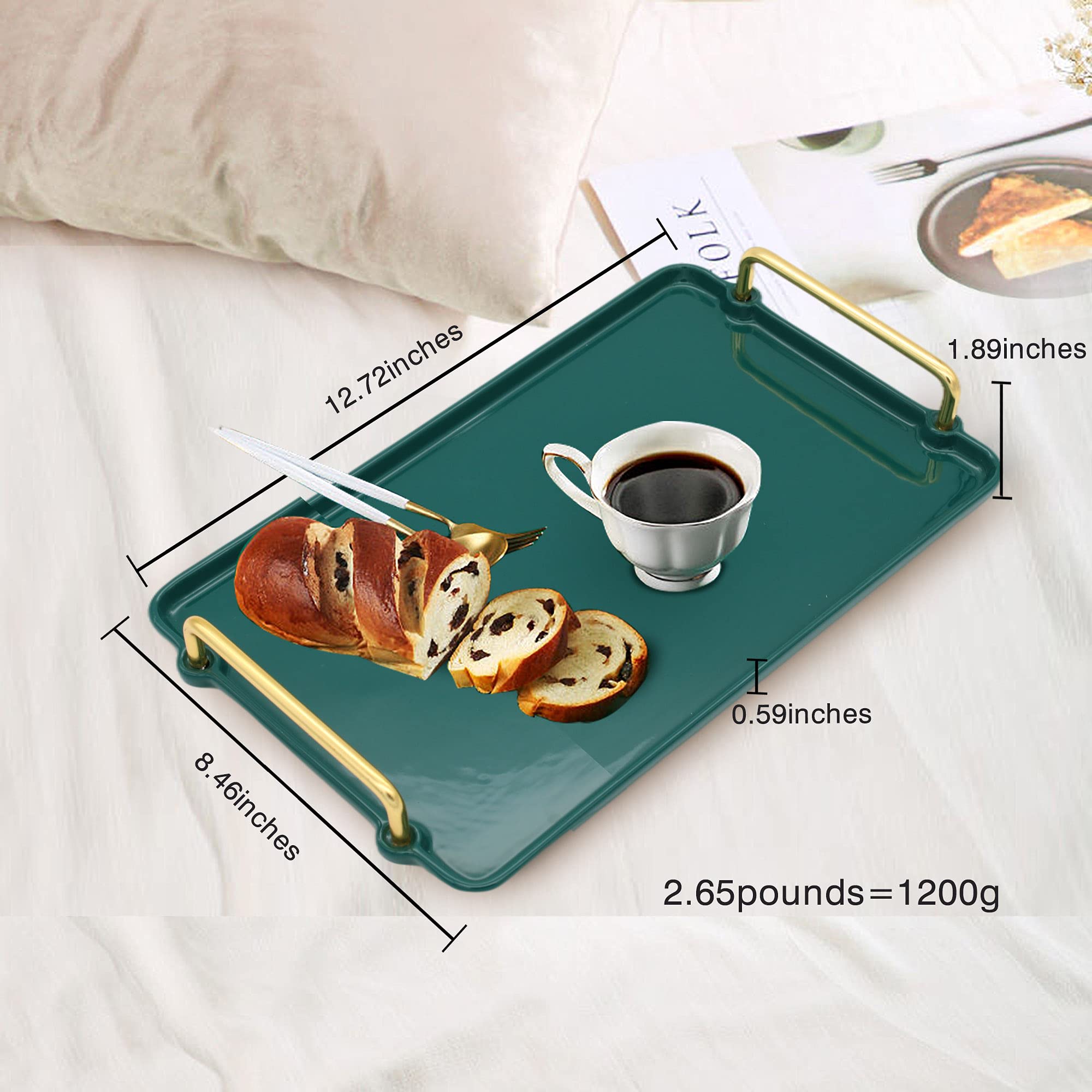 Ceramic Decorative Tray with Golden Metal Handle, ANZUSY Serving Tray Table Tray Rectangle Ottoman Tray Home Decorative for Coffee Table, Living Room, Kitchen -Rectangular Small Green