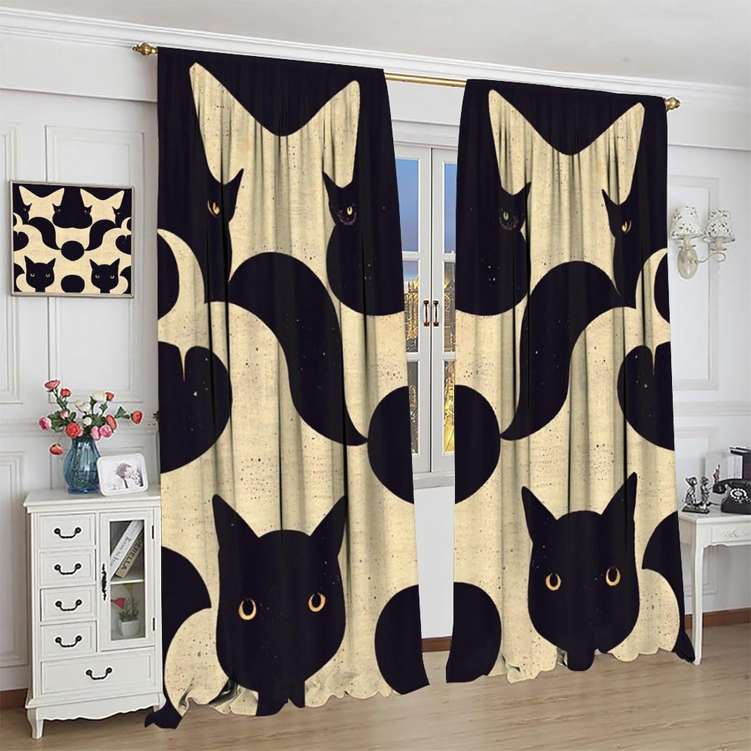 Vintage Japanese Abstract Cat Curtains, Mid Century Minimalist Geometry Cartoon Seamless Pattern, Blackout Rod Pocket Window Treatments for Living Room Bedroom Bathroom (21x45in) x2 Panels