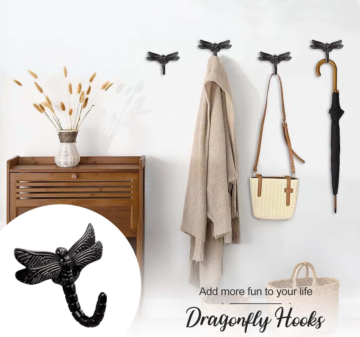 6PCS Dragonfly Hooks Creative Wall Mounted Coat Rack Hooks Vintage Decorative Home Hook for Hanging Coats, Keys, Backpack, Purse, Hat, Jewelry More (Black) image 2