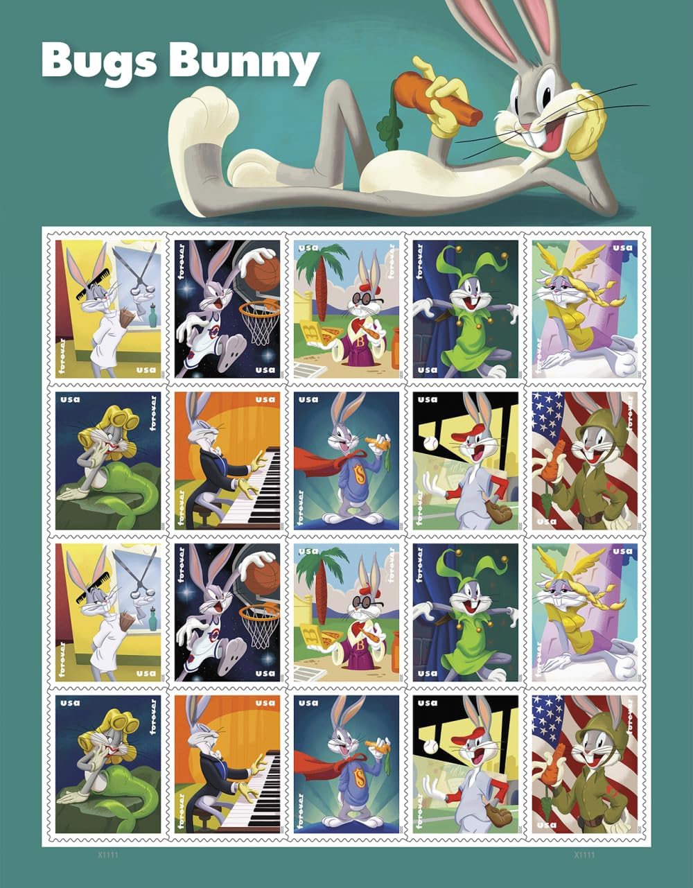 U.S. Forever Postage Stamps Celebrating Bugs Bunny & His Marvelous Masquerades Depicted in 10 Different Classic Costumes Over His 80 Year Career. 1 Pane of 20 Stamps (1 Stamp Sheet (20 Stamps))