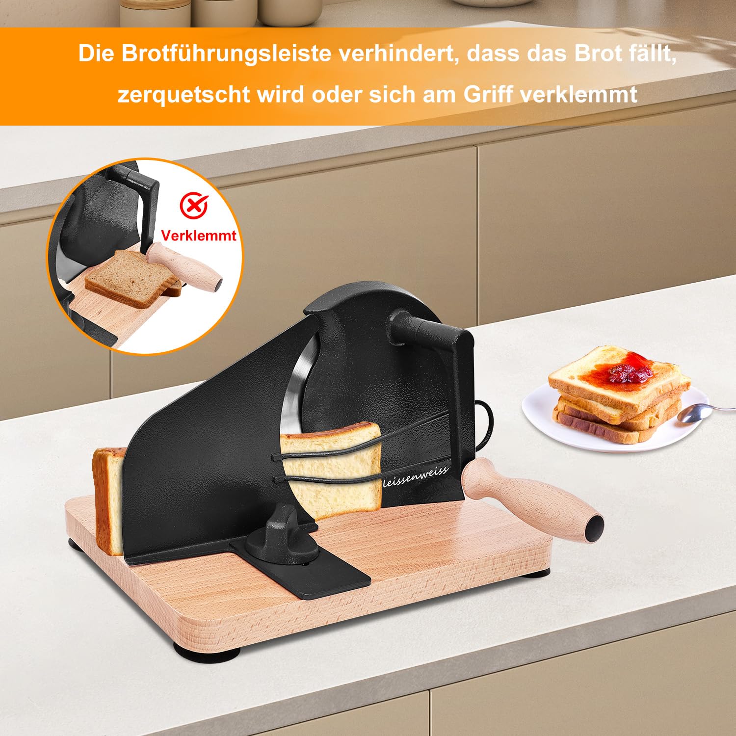 Manuelle Brotschneidemaschine mit Handkurbel, Einstellbare Scheibendicke 0–20 mm, Edelstahl-Wellenschliffklinge, Massivholz-Basis, Für Sauerteigbrot, Selbstgebackenes Brot, Toast & Baguette