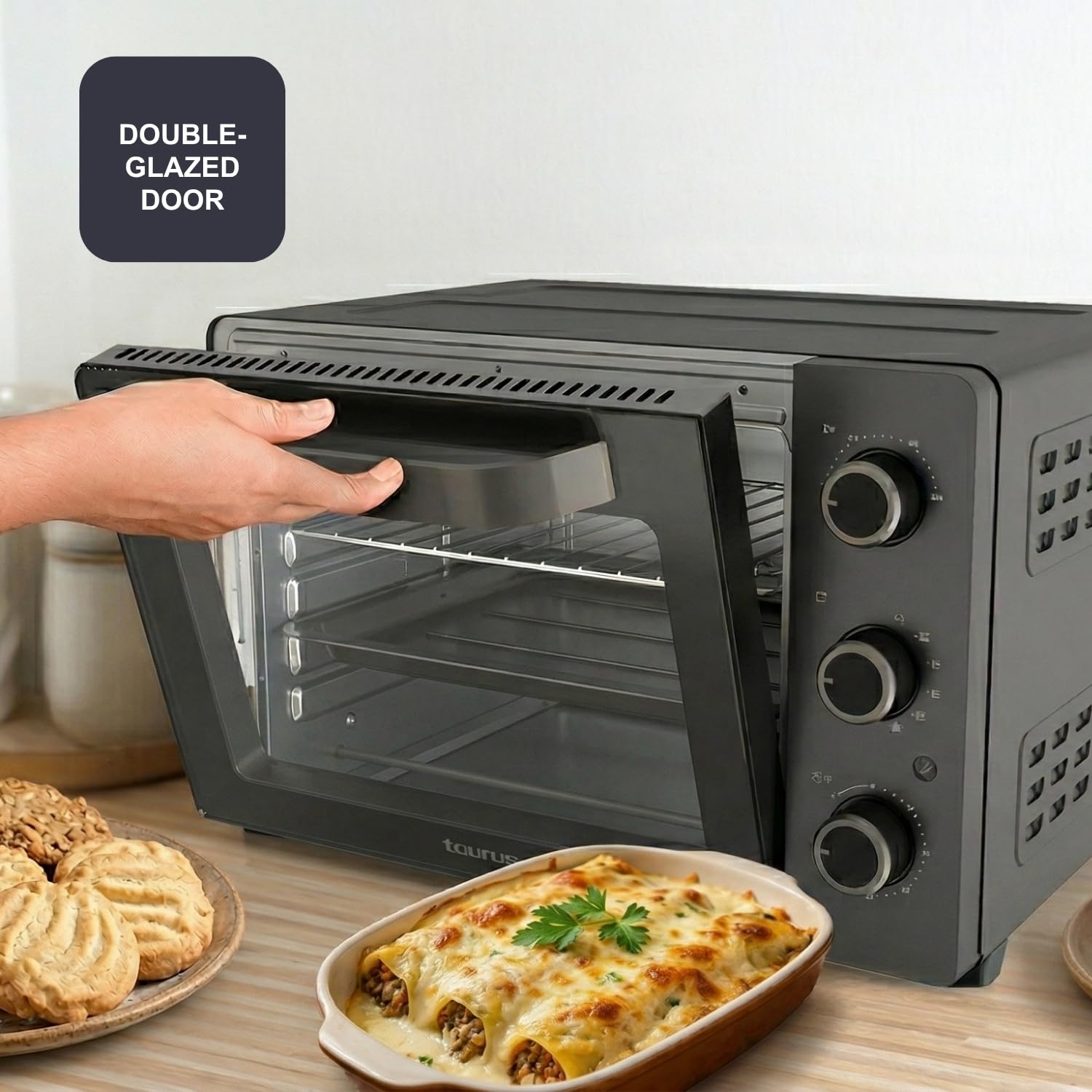 Black+Decker – Horno de sobremesa eléctrico BXOV3000E | 1500W | 30L | Grill | Superior | Convección | Timer 90 min | STAY ON | Doble cristal | Luz interior | Bandeja recogemigas | Rustidor