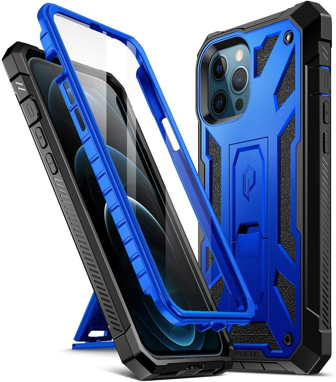 Poetic Spartan Series for iPhone 12 Pro Max 6.7 inch Case, Full-Body Rugged Dual-Layer Metallic Color Accent with Premium Leather Texture Shockproof Protective Cover with Kickstand, Metallic Blue