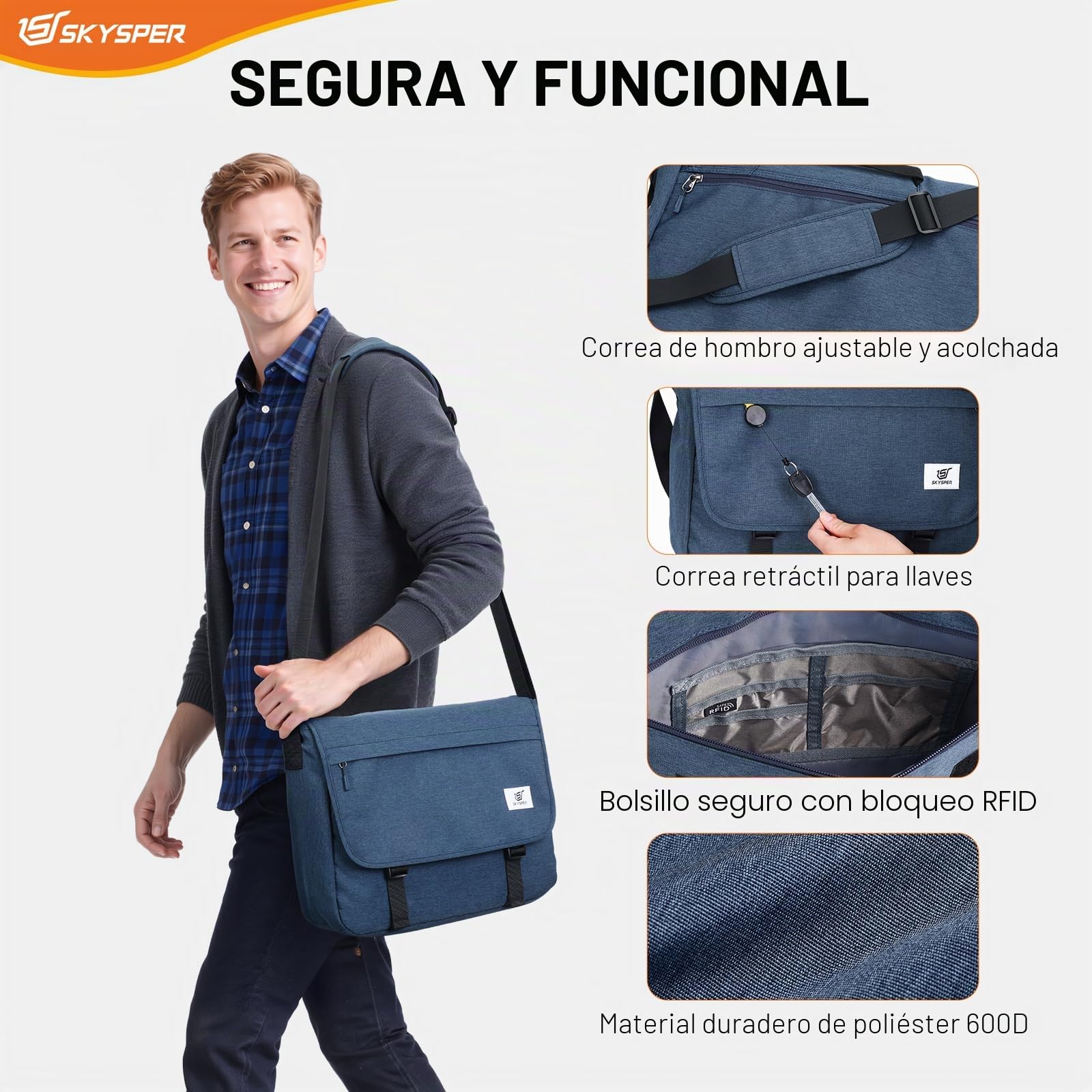SKYSPER URBANX15 - Bolsa Mensajero Bandolera Antirrobo para Portátiles 15.6" - Grande Unisex para Hombre y Mujer