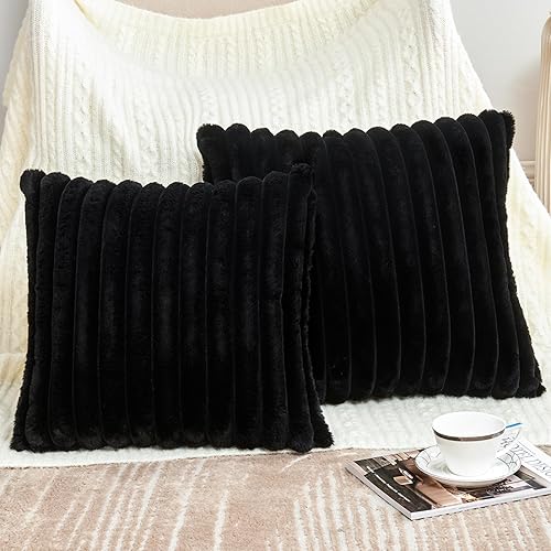 Miniatura 33 de Juego de 2 fundas de almohada decorativas de piel sintética de 18 x 18 pulgadas, fundas de almohada suaves de rayas blancas crema para sofá, cama