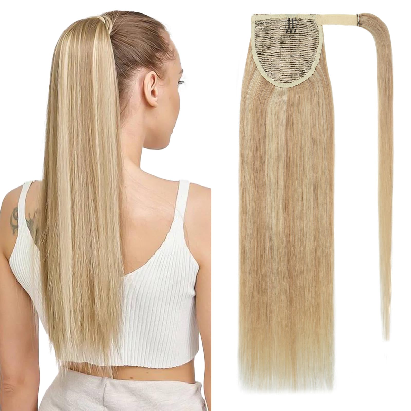 Benehair Ponytail Extension Echthaar, Zopf Extensions Echthaar, Wrap Around Echthaars Ponytail für Frauen, Blond Highlights Bleichblond Pferdeschwanz Echtes Haar Haarverlängerung 55CM 95g #18P613