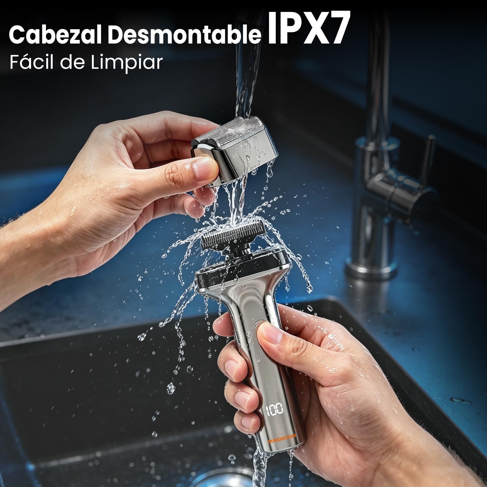 MAXGROOM Afeitadora Eléctrica Hombre de láminas, Máquina de Afeitar Hombre de 3 cabezales flotantes, shaver barba IPX7 cabezal desmontable, 70 mins de autonomía, 132 g ligero y portátil, USB-C y LED