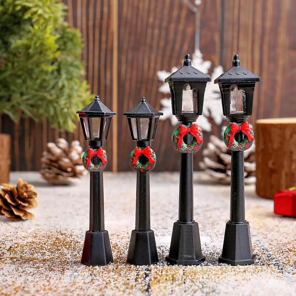 10PCS 10CM Mini Miniature Street Light Model, Black Lamp Outdoor Pathway Lantern Post for Christmas Decoration Micro Landscape,Creative Street Lamp Ornaments (Black with Garland) (10)