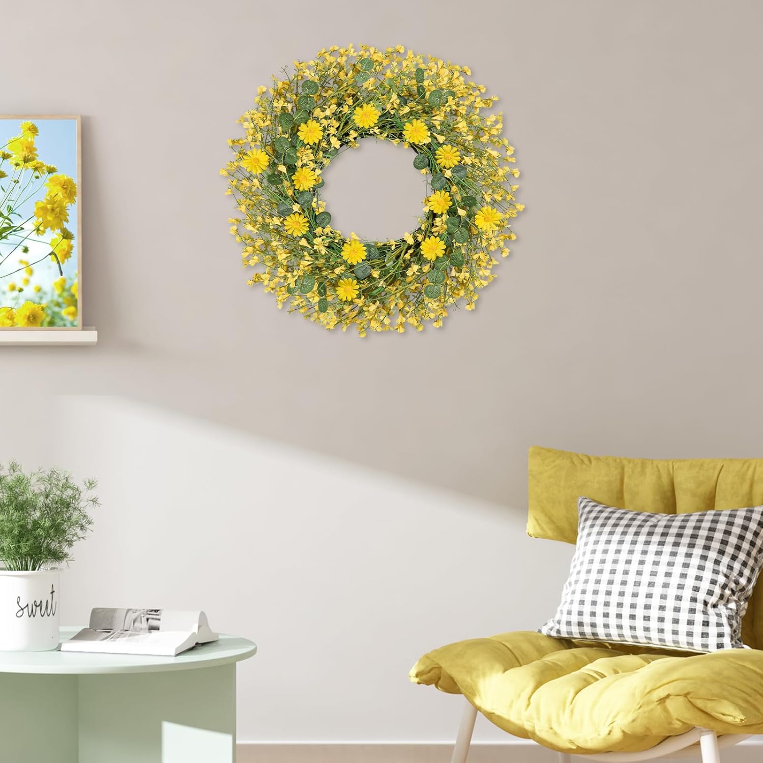 26 Inch Large Summer Spring Wreaths for Front Door Daisy Wreath Easter Wreaths for Front Door Artificial Floral with Green Eucalyptus Leaves Wild Floral for Farmhouse Porch Wall Living Room Home Decor