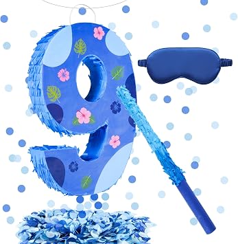 16 Inch Blue Pinata Set with Hawaii Pattern Number 9 Pinata, Blindfold, Stick and Confetti for Boys Girls 9th Birthday Party Decorations 9-Hawaii Pattern Pinata