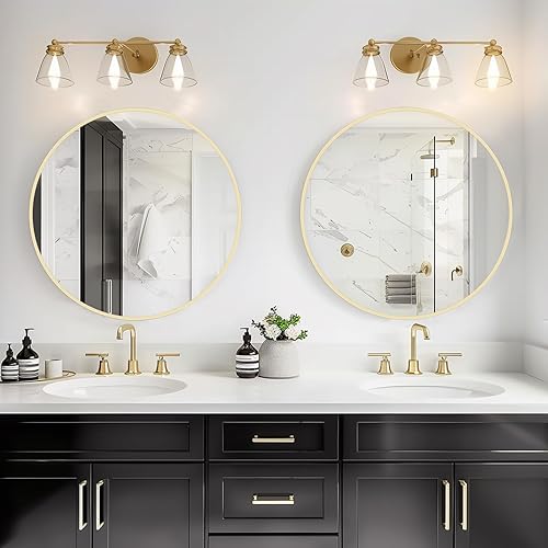 Miniatura 10 de HOMECOOKIN Espejo de pared redondo de 32 pulgadas, espejo circular dorado para baño con marco de metal, espejo dorado redondo para decoración