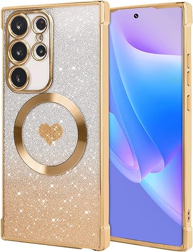 FIRSTPELLA Funda magnética con purpurina para Samsung Galaxy S23 Ultra - compatible con MagSafe Funda transparente de lujo con diseño de corazón y