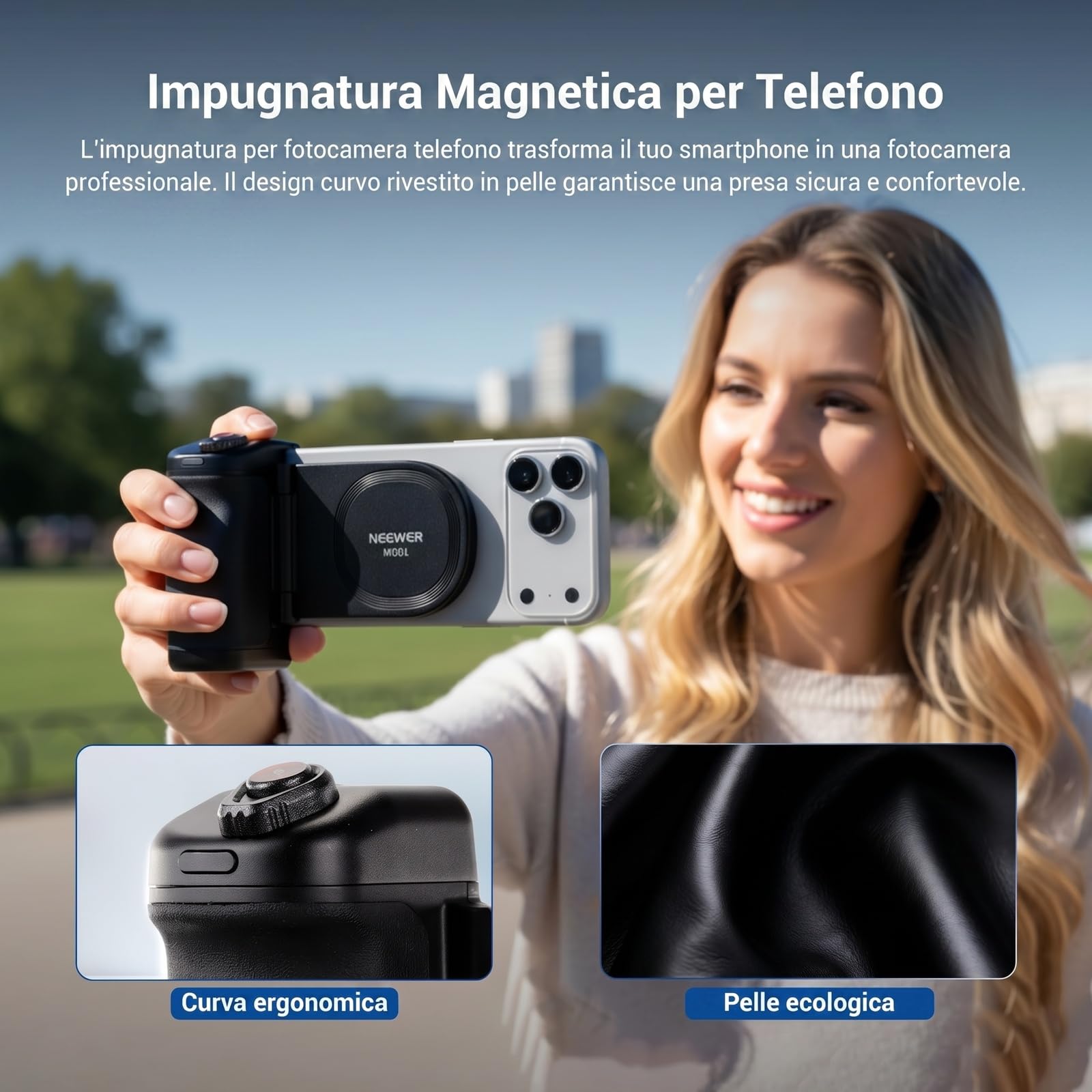 NEEWER Impugnatura Magnetica per Fotocamera Telefono Compatibile con MagSafe iPhone Samsung Ricarica Wireless, Grip Ergonomica con Batteria 3500mAh e Telecomando Rimovibile per Video Treppiede, MG01