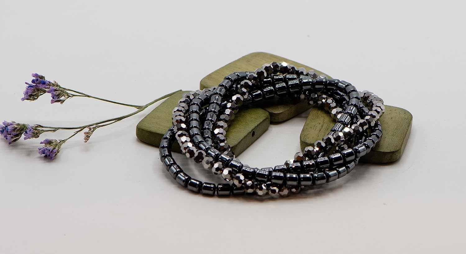 LTC Designs Set of 5 Metallic-Themed Stretch Bracelets made with Hematite and Glass, 7.5" for Women, Men, and Friends, Perfect for Everyday Wear, May wear in different combinations