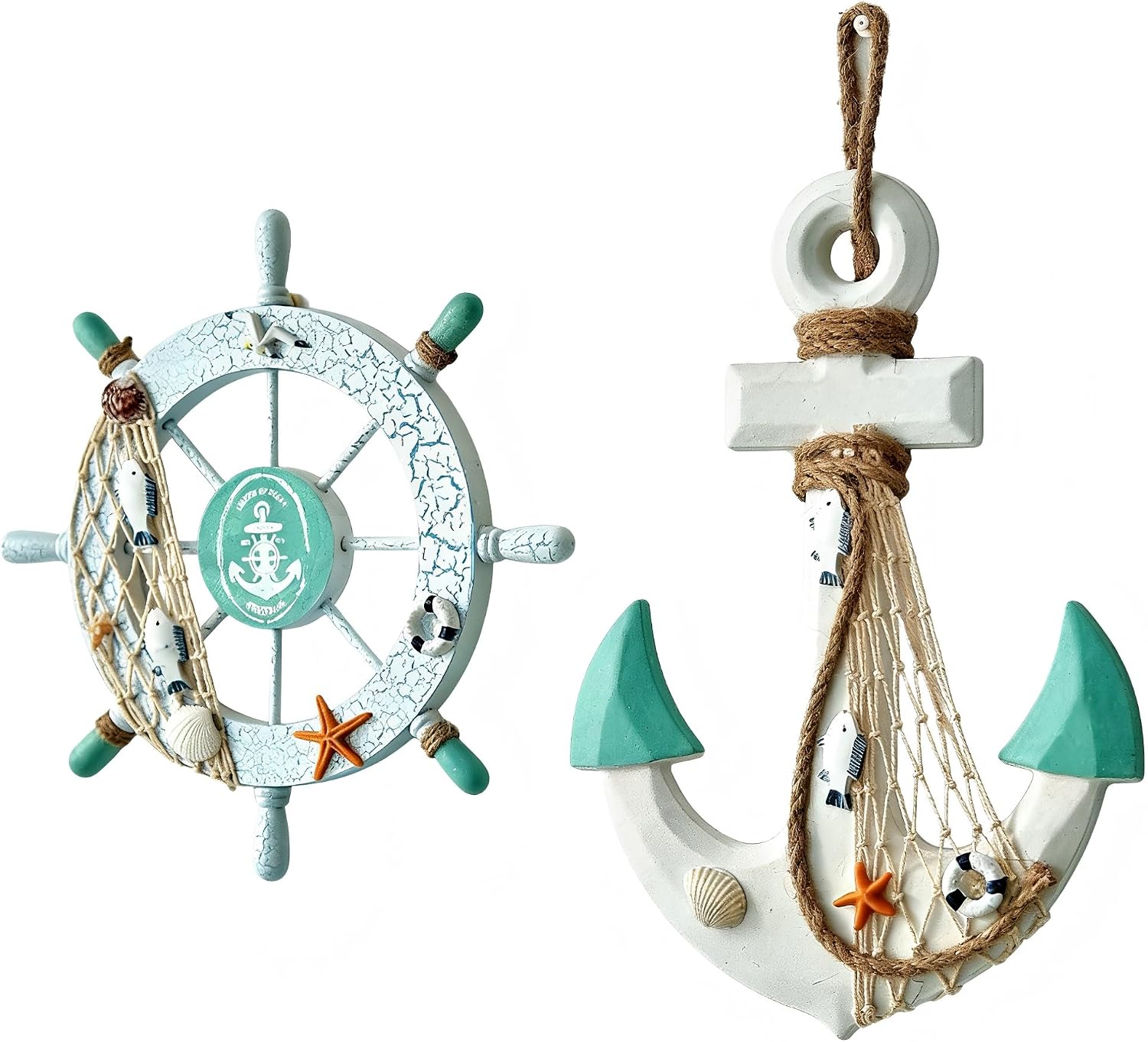 Jsdzsm Nautical Wall Decor Set – Wooden Ship Wheel & Anchor with Rope
