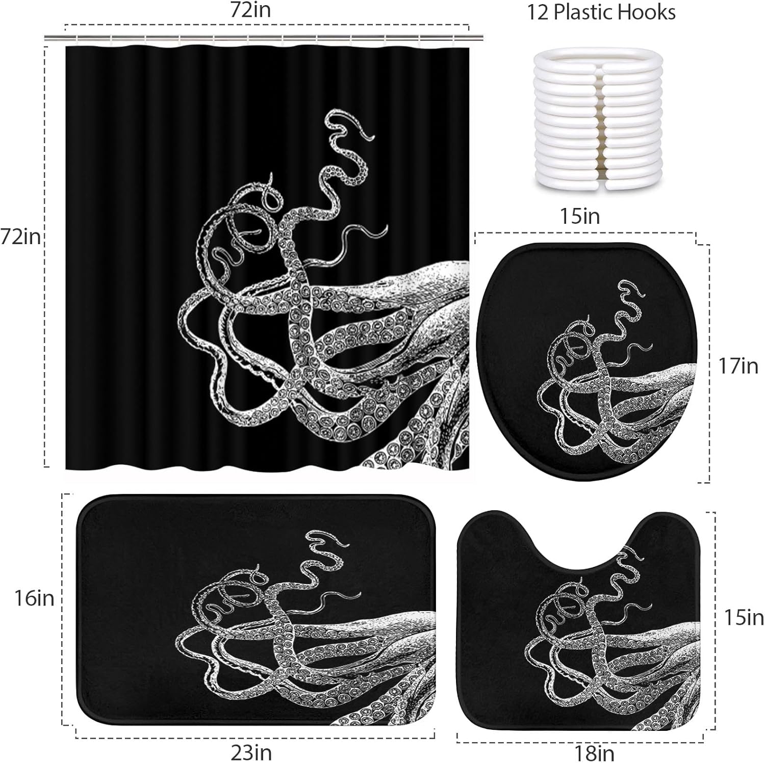 ArtSocket 4 Piece Get Naked Shower Curtain Sets White Octopus Tentacles Black Vintage Sea Ocean Kraken with Non-Slip Rug, Toilet Lid Cover, Bath Mat and 12 Hooks 72x72 inches