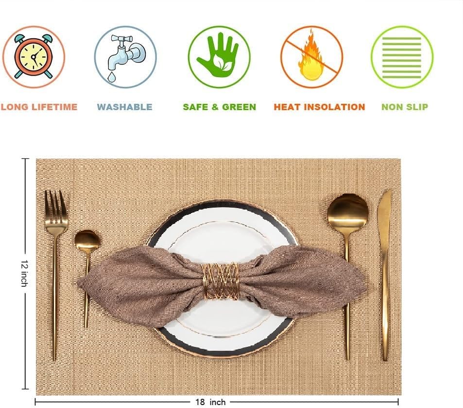 Image of Dining Table Placemats & Runner Set - Heat Resistant, Washable & Stain Resistant Woven Vinyl Mats | Table Runner & 6 Placemats Set for Stylish Dining (45x30 cm Placemats, 180x30 cm Runner)