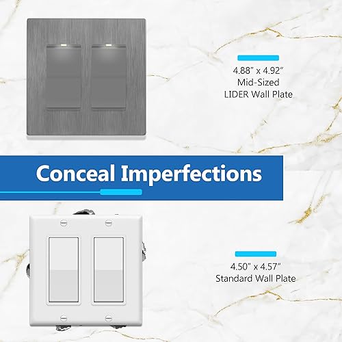 Miniatura 47 de LIDER - Cubierta decorativa de interruptor doble con acabado mate, placa de pared sin tornillos, tamaño mediano, 2 bandas, 4.88 x 4.92 pulgadas