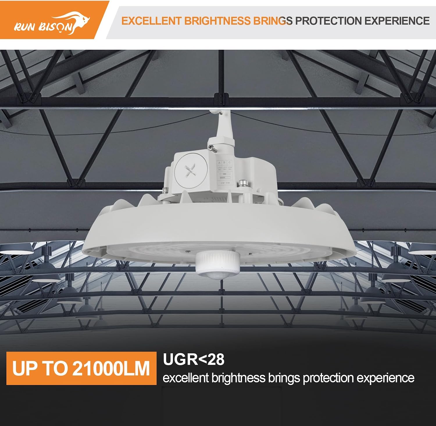 LED High Bay Light with Adjustable Power 100w/125w/150w, 14000lm/17500lm/21000lm. 2CCT 4000K/5000K, 0-10V Dimmable UFO High Bay Light with Motion Sensor, White, UL Listed-8PK
