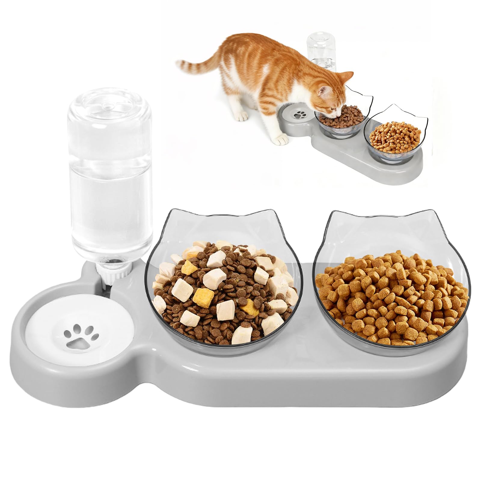 3-In-1 Cat Food and Water Bowl Set,Cat Bowls With Stand,Double Dog Bowls and Gravity Water Dispenser for Pet,Pet Feeding Station for Dogs Cats