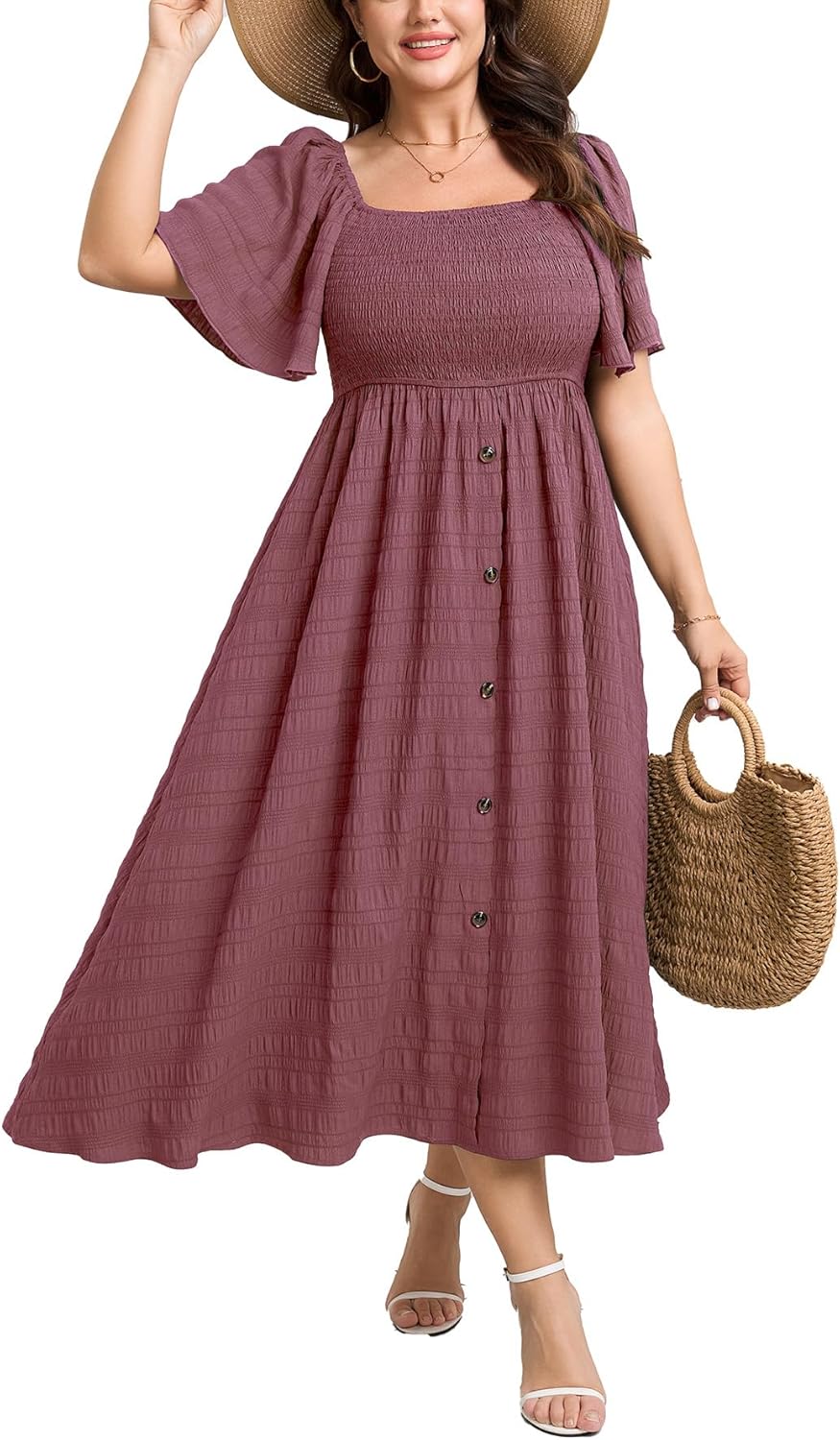 Plus Size Casual Maxi Boho Dress for Curvy Women Short Sleeve Square Neck Smocked Summer Beach Dresses Button Down