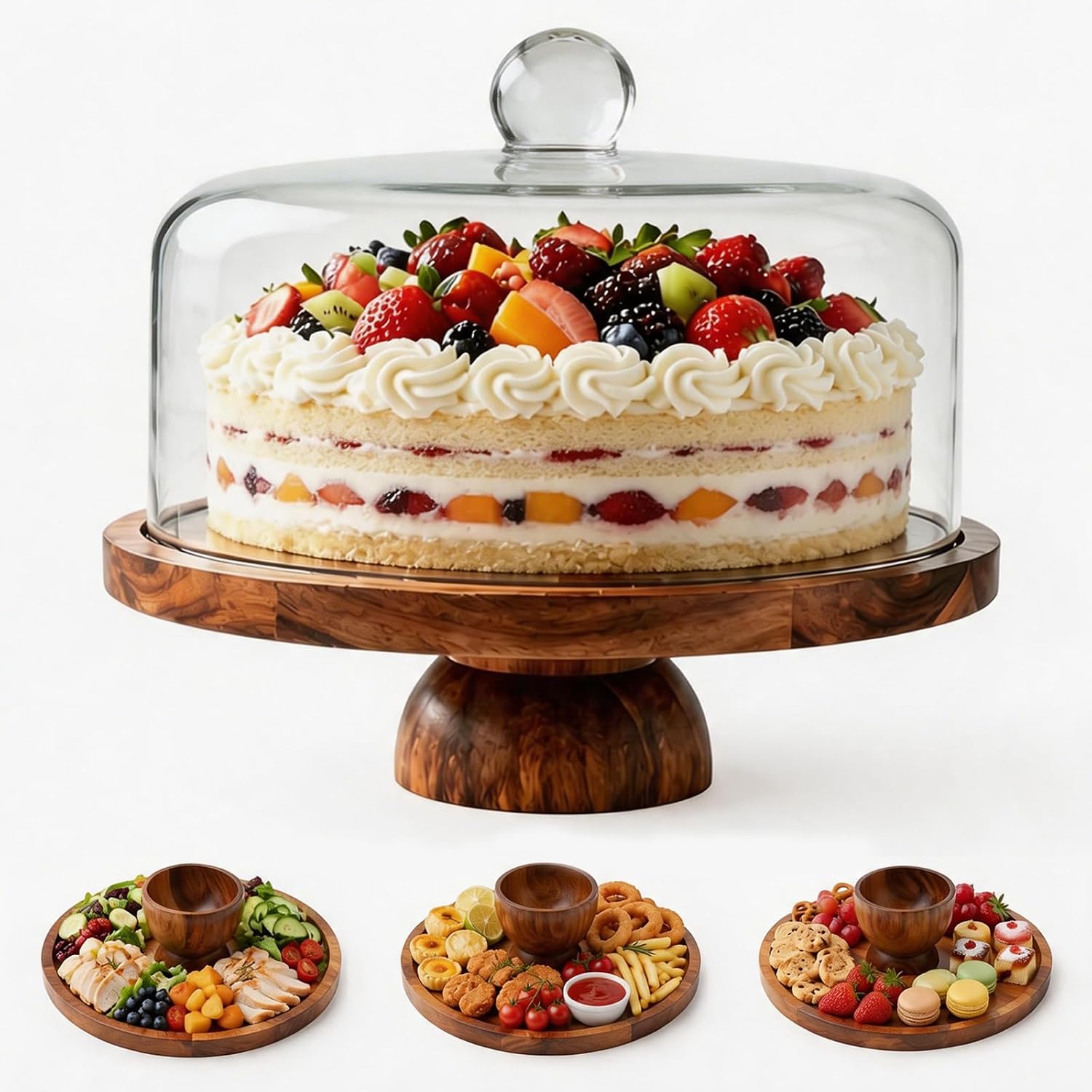 12" Acacia Wood Cake Stand with Lid - 2-in-1 Serving Tray & Charcuterie Board with Crystal-Clear Dome & Ball Top Handle, for Desserts, Cheese, Fruits, Chips, Snack Display, Kitchen & Gifts