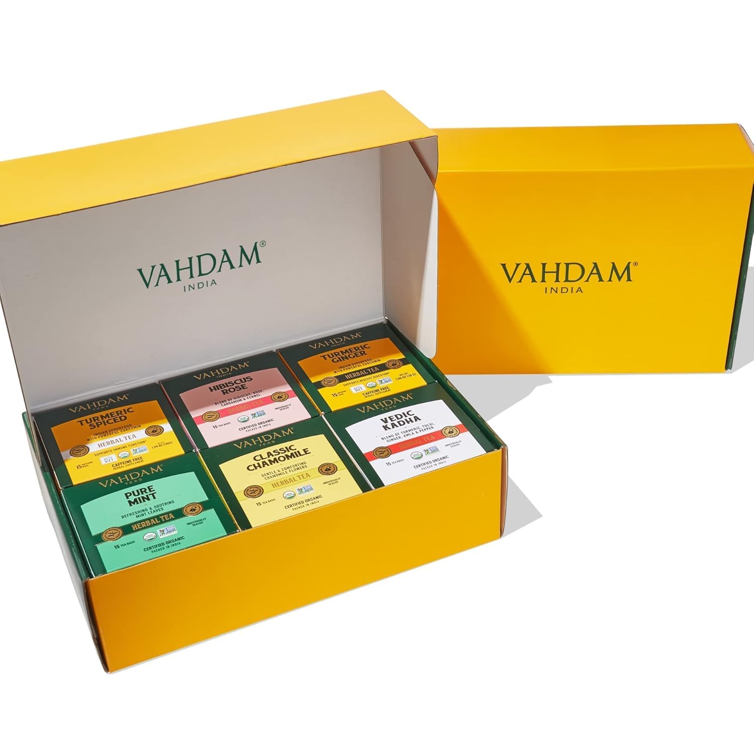 VAHDAM, Herbal Teas Wellness Kit | 6 Flavors - 15 Tea Bags Each | Variety Sampler Pack | Assorted Herbal Tea Gift Set | Turmeric Detox Superfood | 100% Organic Wellness Teas | 90 Pyramid Tea Bags : Everything Else