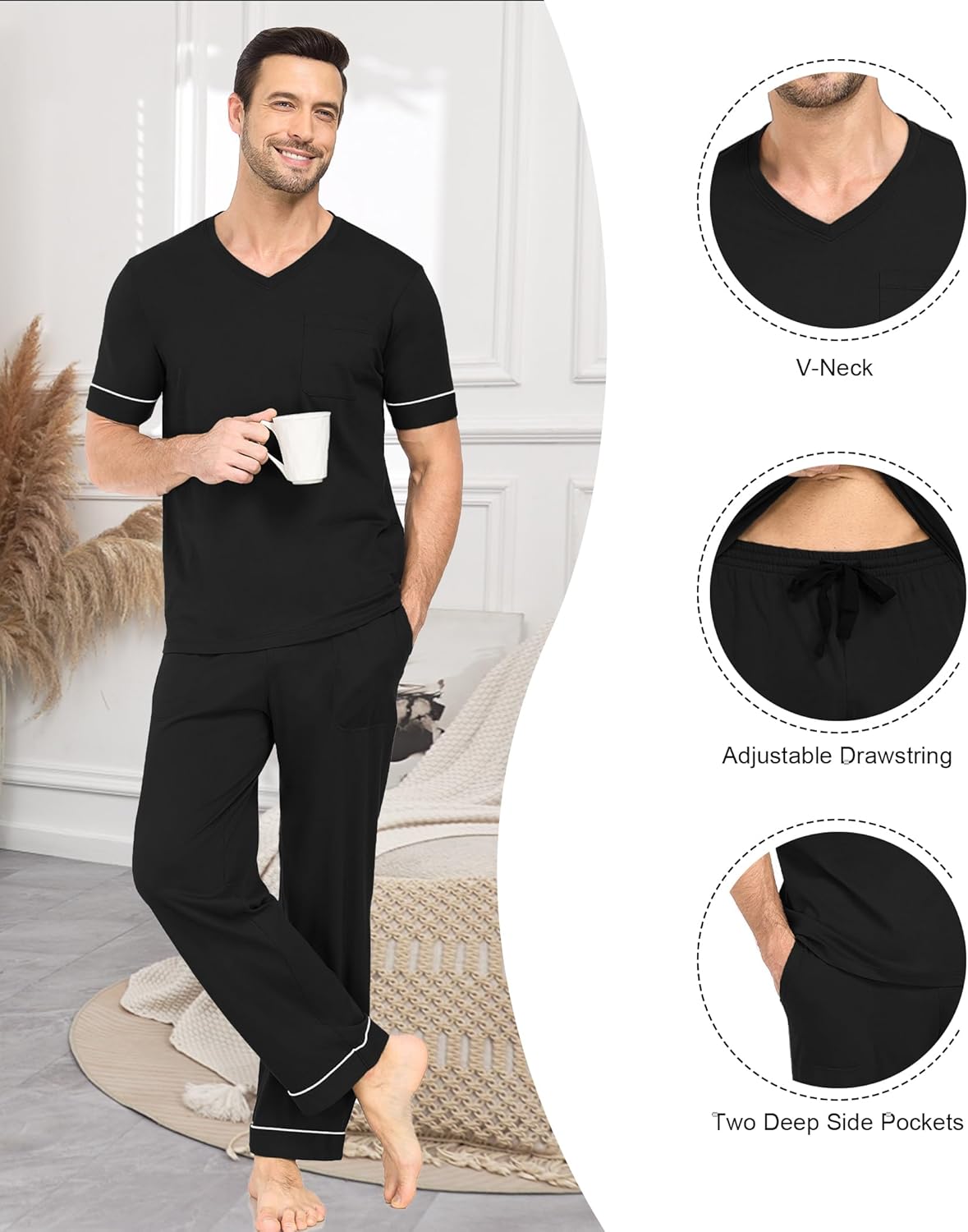 COLORFULLEAF Mens 100% Cotton Pajamas Set Short Sleeve V-Neck Sleepwear Soft Loungewear Pjs with Pockets - Image 5