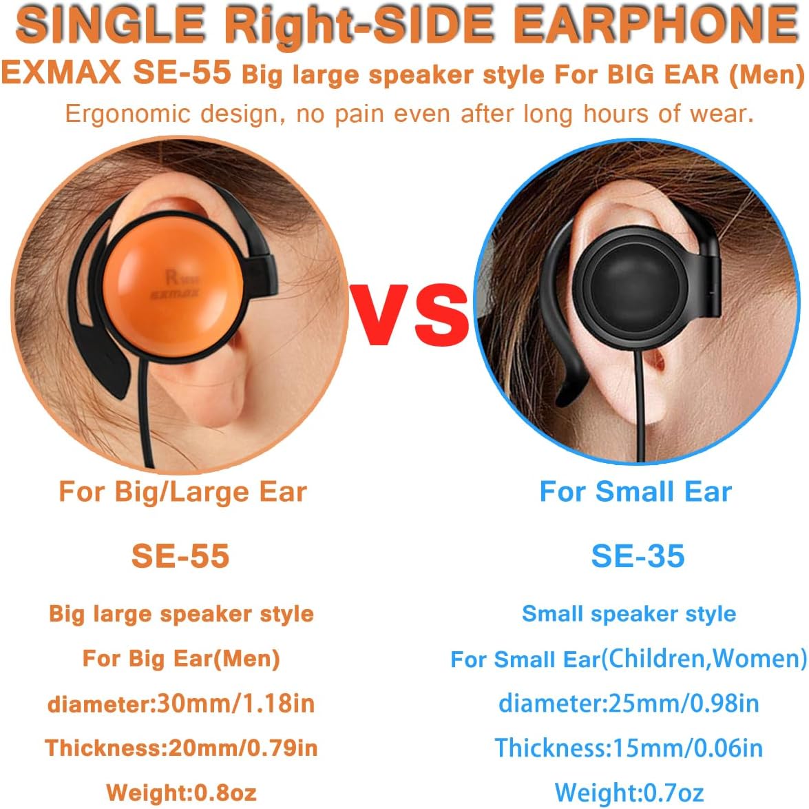 EXMAX SE-55 Single Side Earphone 3.5mm Foamless Wired Ear-Hook Large Speaker for EX-200N EX-100 Plus Wireless Tour Guide Receiver Touring Groups Audience Radio Podcast Laptop MP3(Right-Side Earphone) image 2 of 9 B0DNJJNVG1