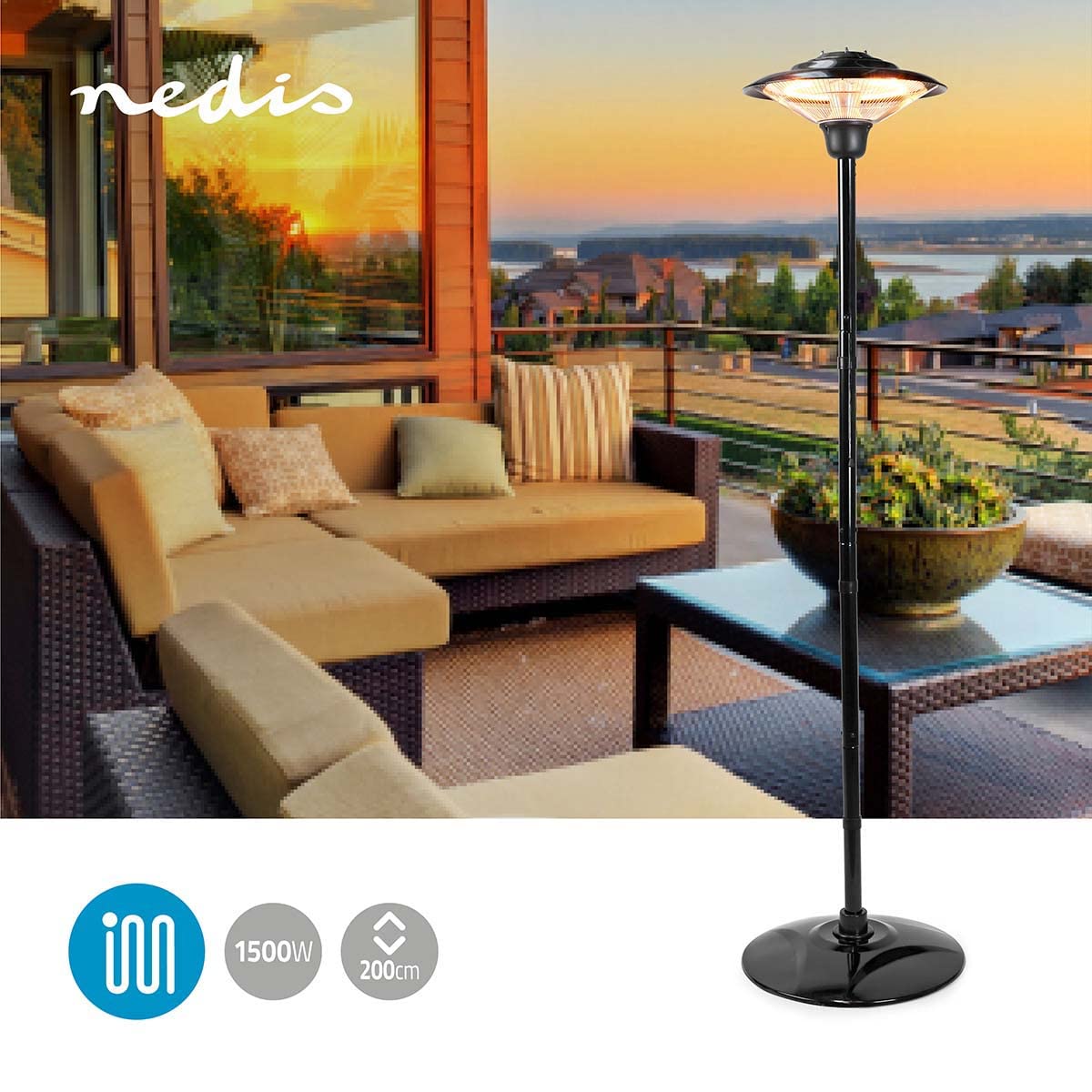 Riscaldatore da Patio | 1500 W | 1 Impostazione del Calore | Protezione da ribaltamento | IP34 | Nero