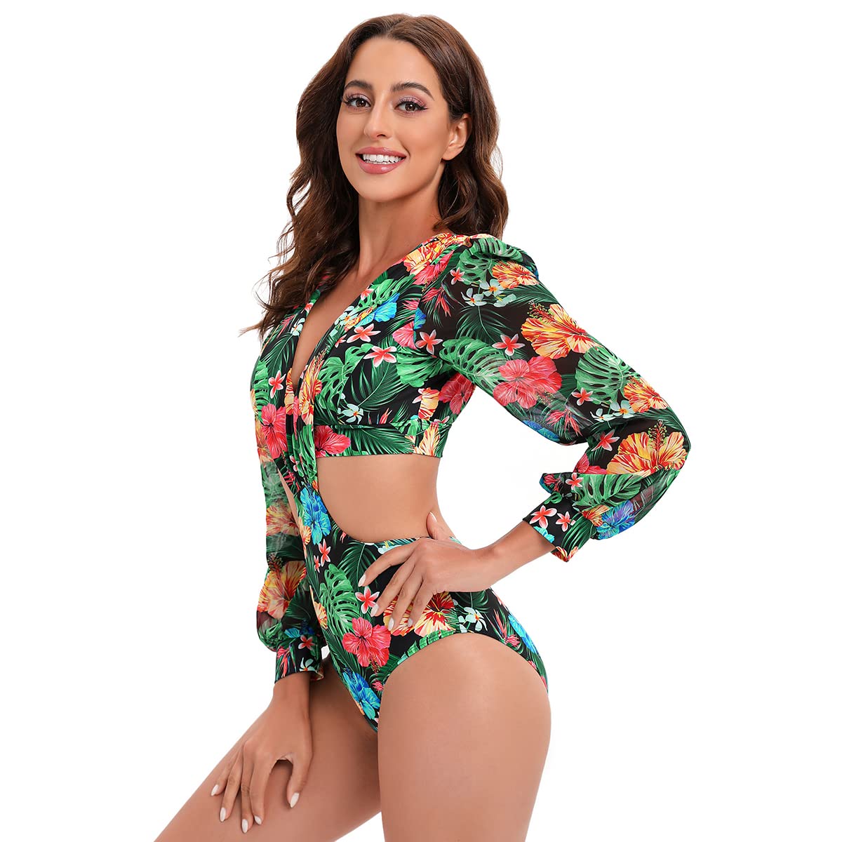 Women's Puff Long Sleeves One Piece Swimsuit Rash Guard V-Neck Bathing Suit