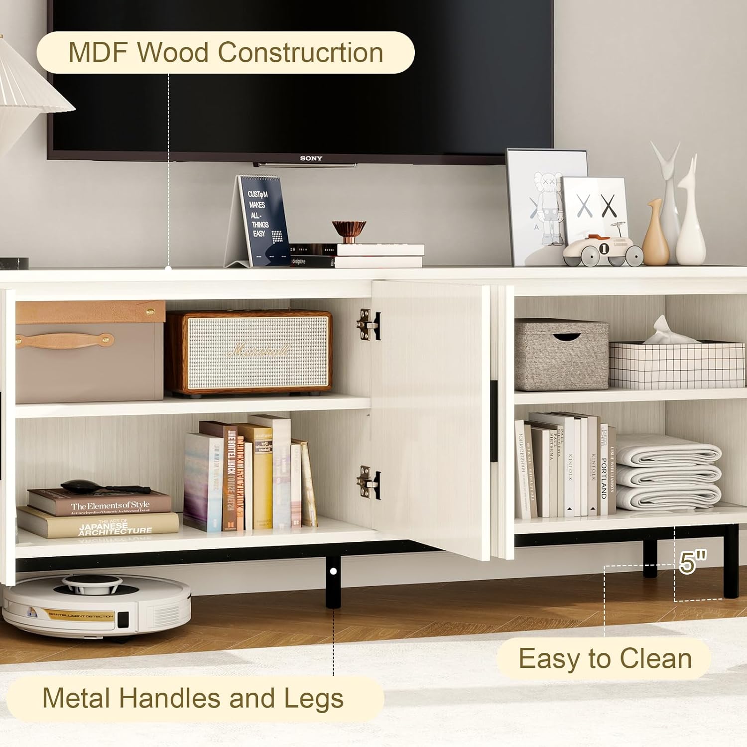 MUUEGM 70" Fluted tv Stand with Storage for Living Room, Entertainment Center Modern TV Stand for TV Up to 80 Inch, Television Media Console Table with Fluted Door and Adjustable Shelf, White