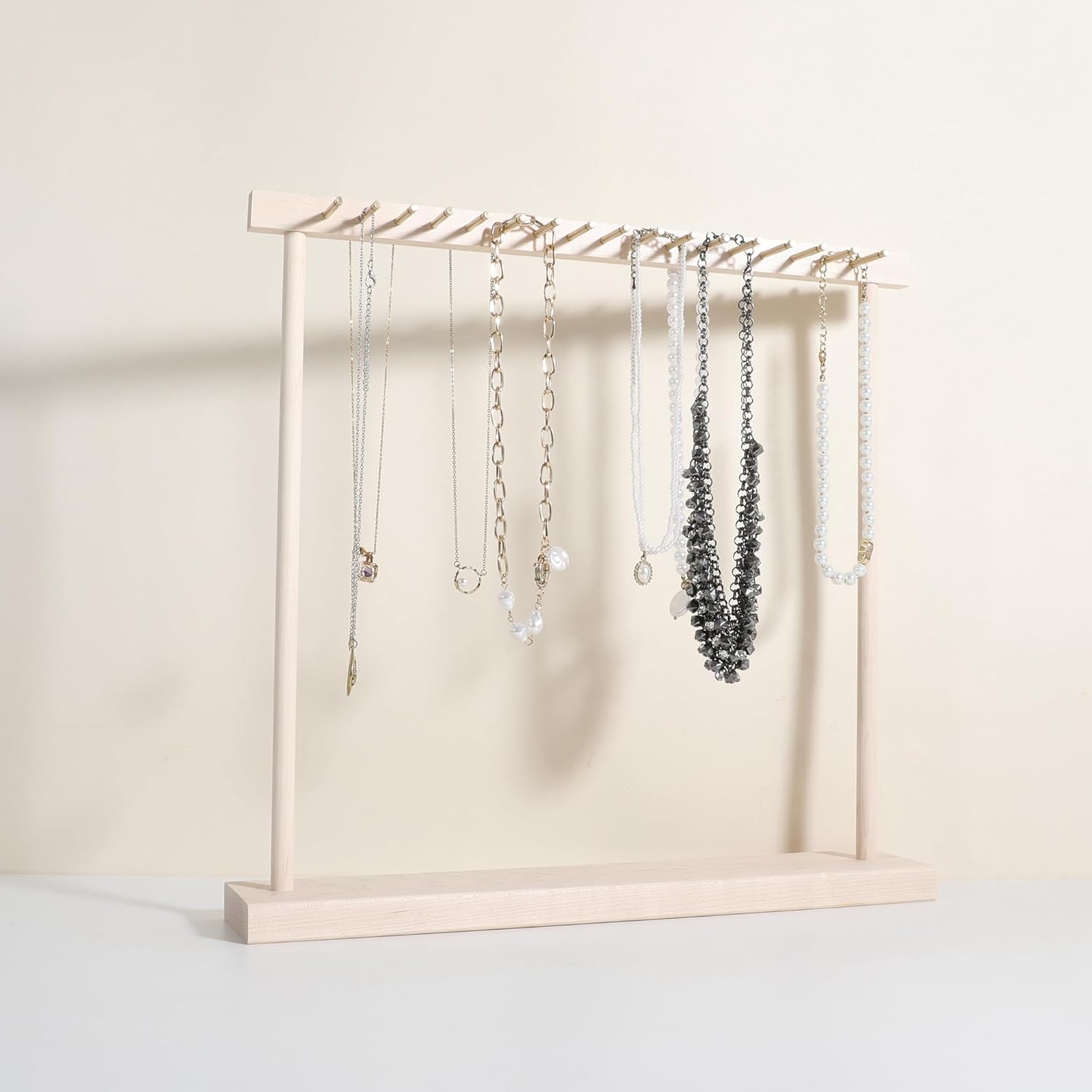 GemeShou Large necklace hanger shelf with 17 copper bars, Wooden jewelry storage organizer rack for hanger necklace bracelet, necklace display stand for boutique store【Marple】