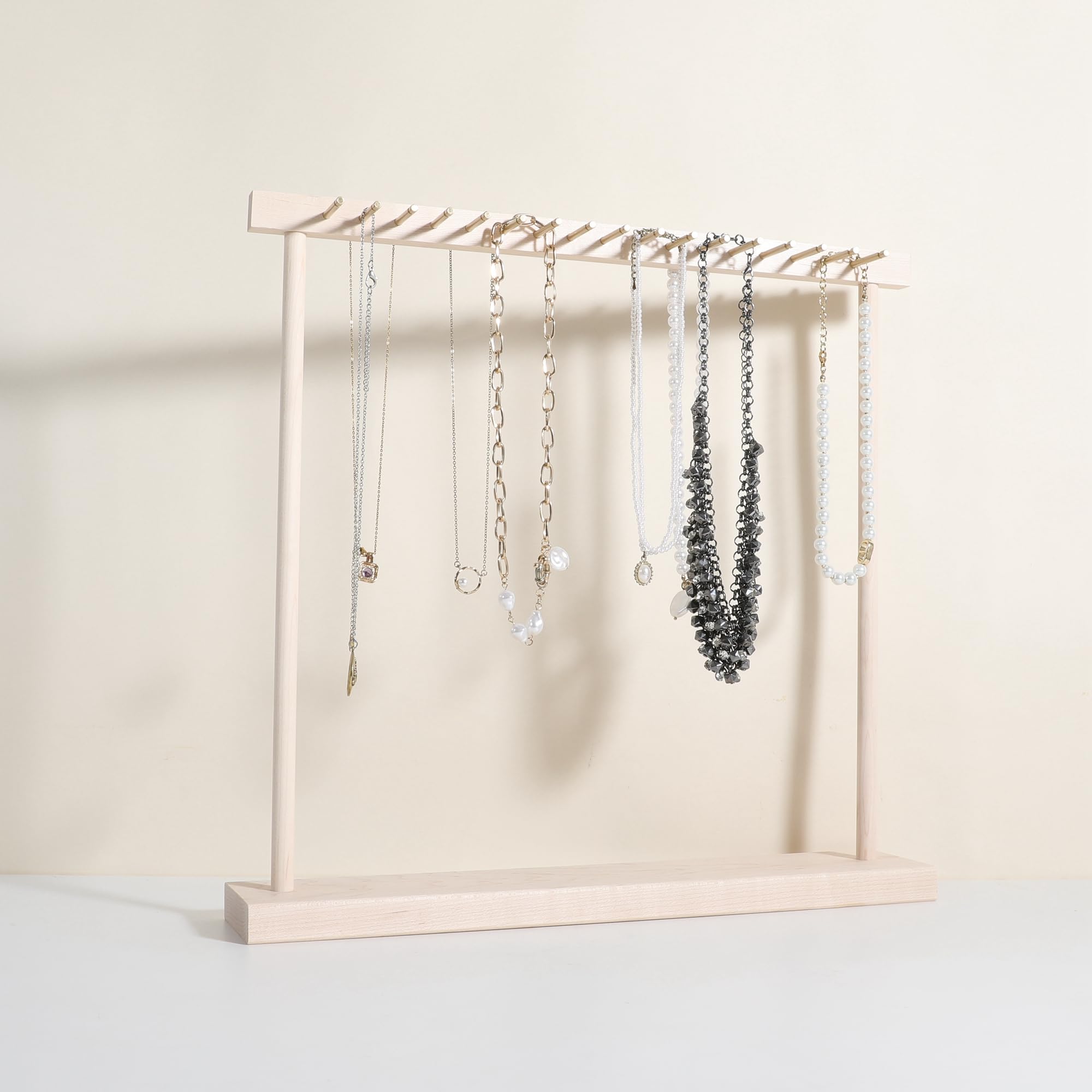 GemeShou Large necklace hanger shelf with 17 copper bars, Wooden jewelry storage organizer rack for hanger necklace bracelet, necklace display stand for boutique store?Marple?
