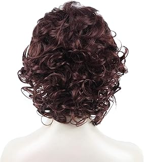 باروكة شعر مستعار ناعم صناعي قصير مجعد بطبقات متعددة للنساء (لون كستنائي غامق)