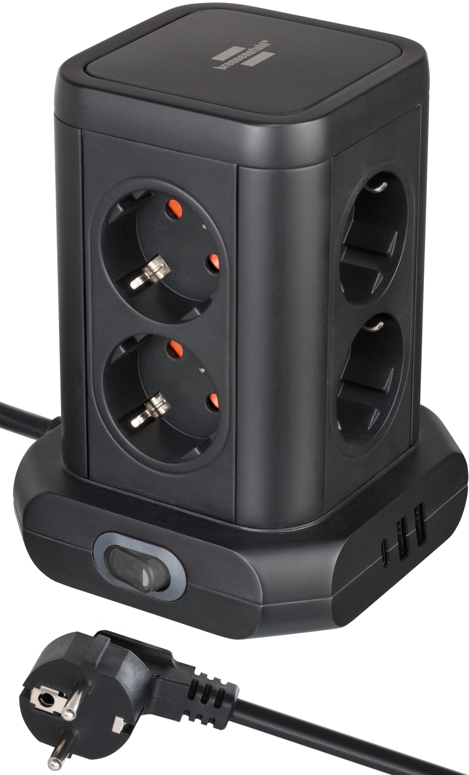 Brennenstuhl Premium Serisi Masa Üstü 8 Soketli 1Type-C ve 2 USB'li Kule Tipi 2 Metre Kablolu Priz