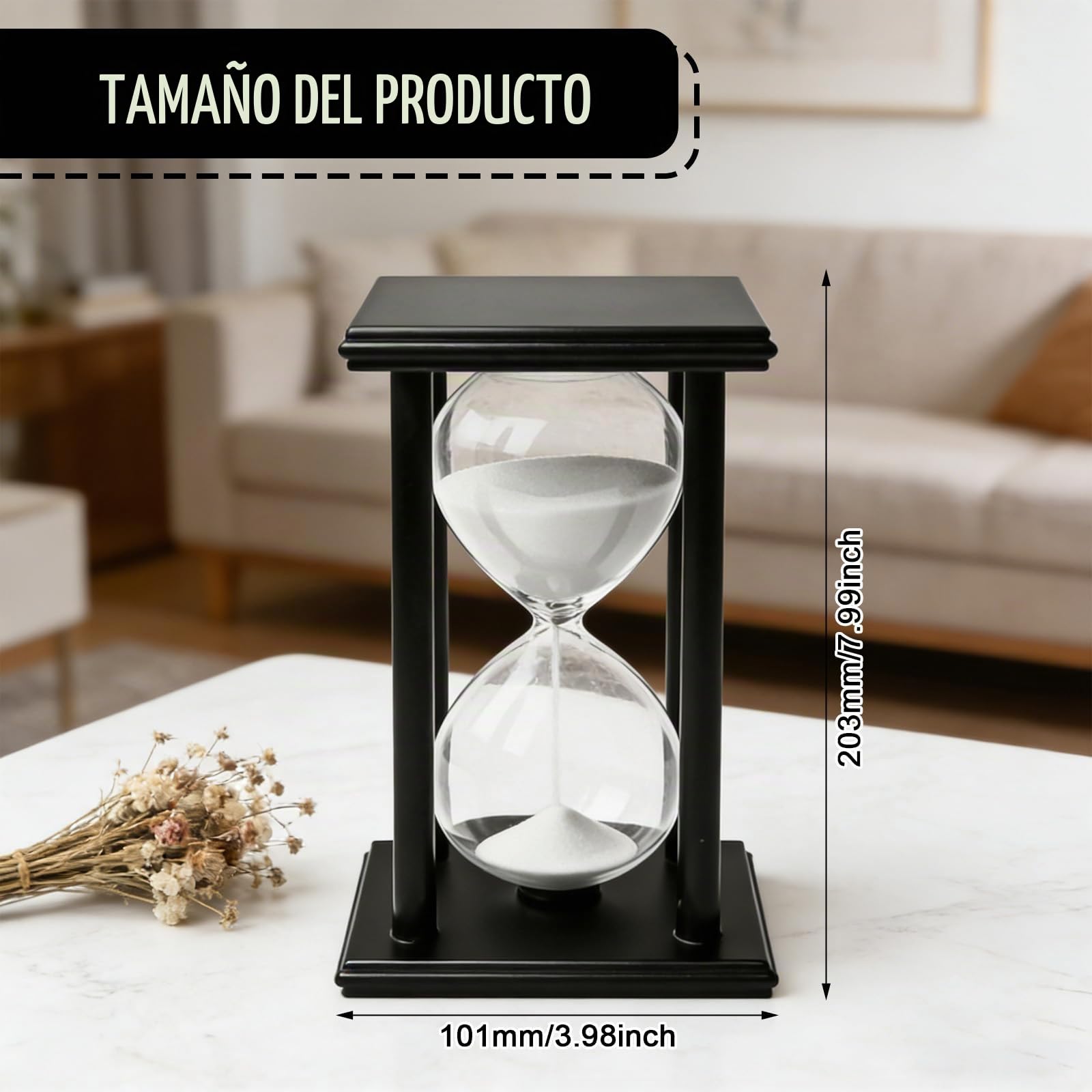 Reloj de arena de 60 minutos: marco de madera en blanco y negro con temporizador de reloj de arena, temporizador Hourglass de cristal de arena de 1 hora para oficina, salón, aprendizaje, cocina