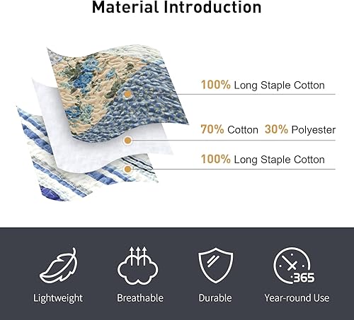 Miniatura 3 de Juego de edredón de retazos, tamaño King, tradicional, hecho a mano, reversible, 100% algodón, vintage, azul, a cuadros (106 x 96 pulgadas), juego