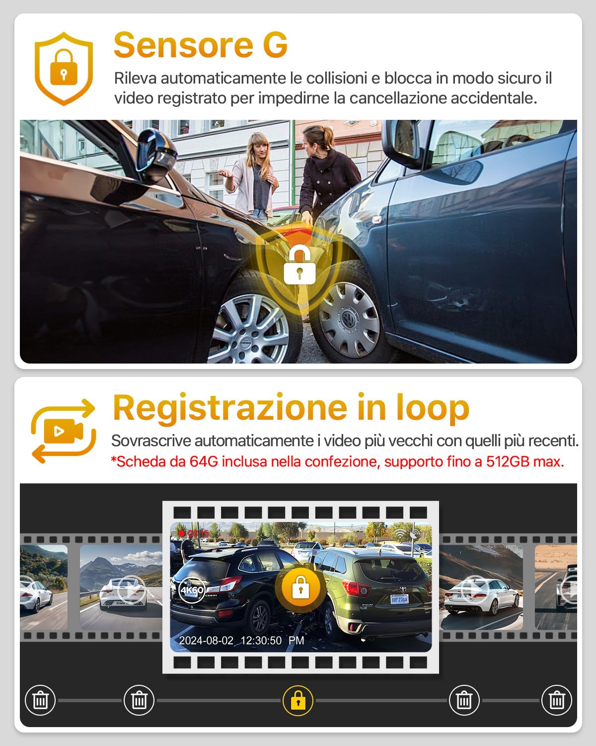 4K Dash Cam Auto, 5G WiFi Telecamera per Auto con SD 64G, Schermo IPS da 1.47', GPS, Super Visione Notturna, G-Sensor, Registrazione in Loop, WDR, 360° Rotabile,Max 512 GB