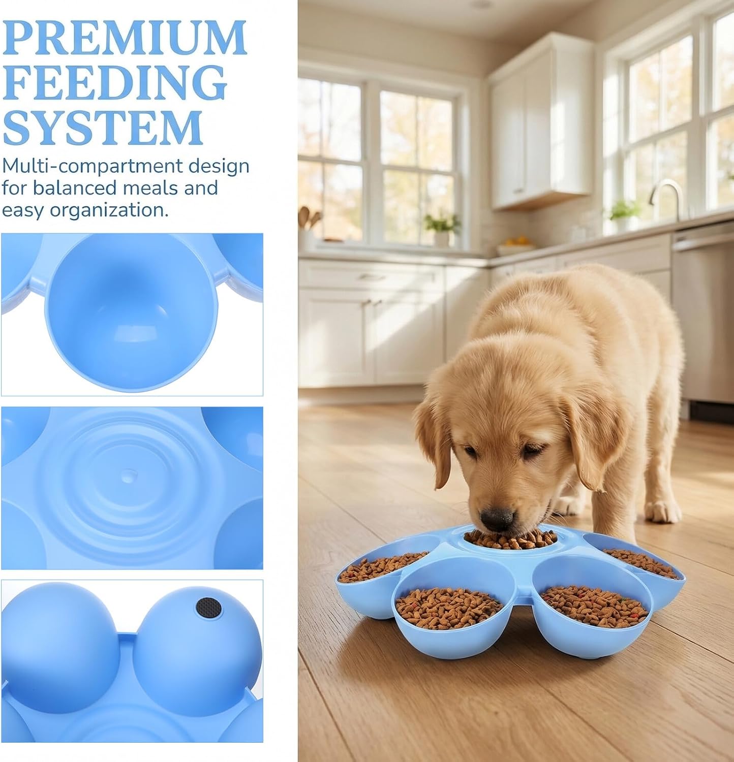 Flower-Shaped Plastic Pet Feeder Bowl with Multiple Compartments, Blue Cat Food Dispenser and Dog Feeding Plate for Multi-pet Use