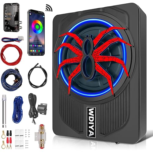 2025 Upgraded 10" 1200W Slim Under Seat Powered Car Subwoofer with Built-in Amplifier - Low Profile Bass Sub for Car & Truck Audio - Includes Wiring Kit & LED Ambient Lights
