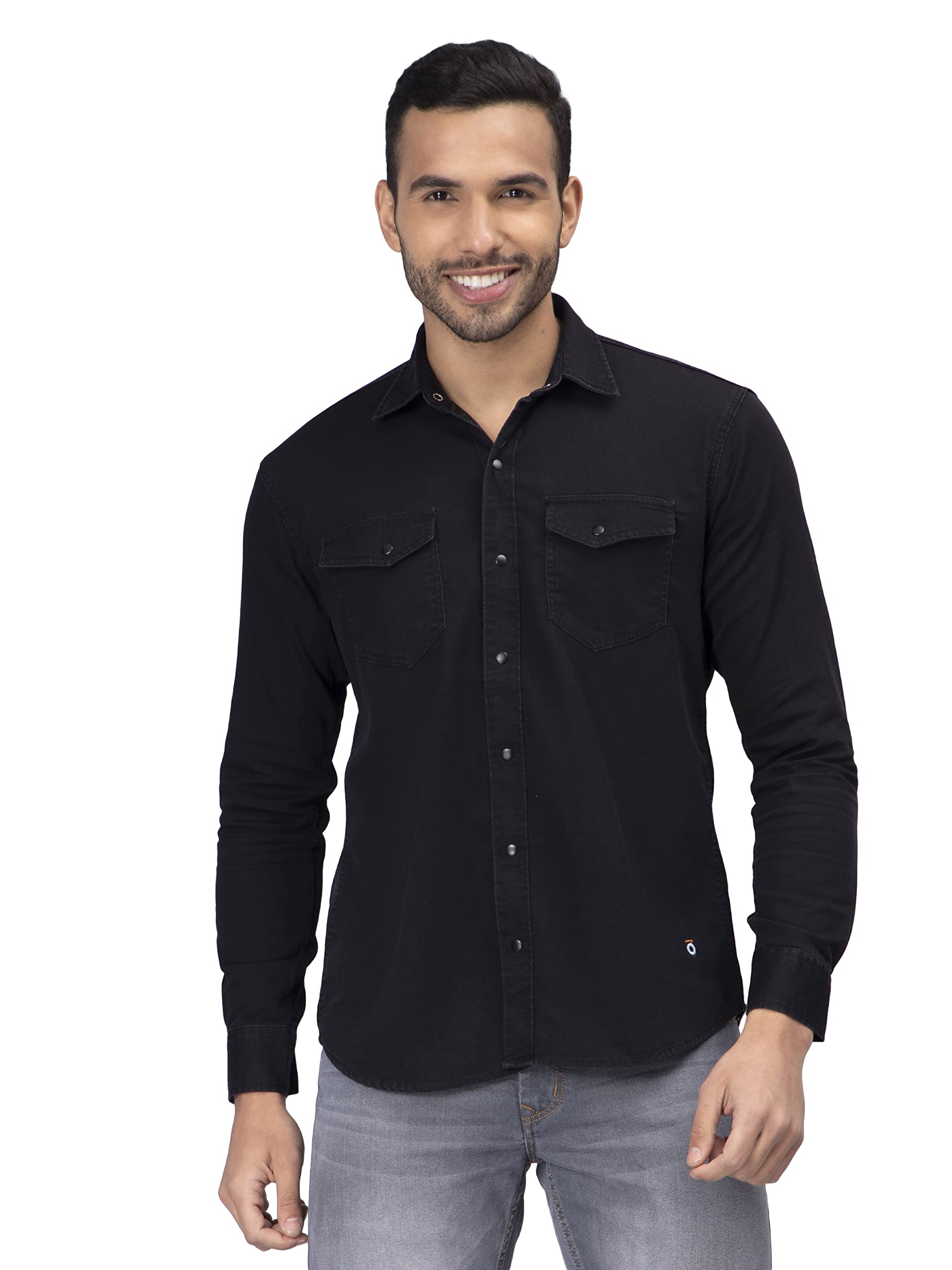 Peplos JeansPeplos- Regular Fit Premium Fabric Solid Denim Casual Shirt For Men (XL, Black)