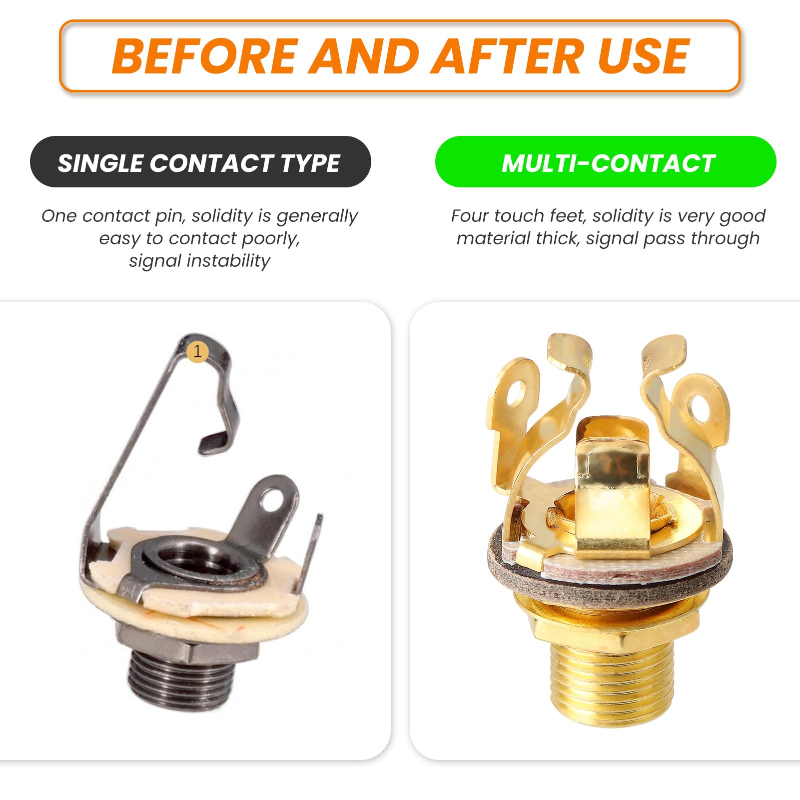 Full-Contact Output Jack Socket for Guitar Bass 2pcs 4-Contact Electric Guitar Copper Metal Stereo Jack with Washer and Nut Solder Type for Speakers Footswitch Audio Amplifier Instruments - Image 4