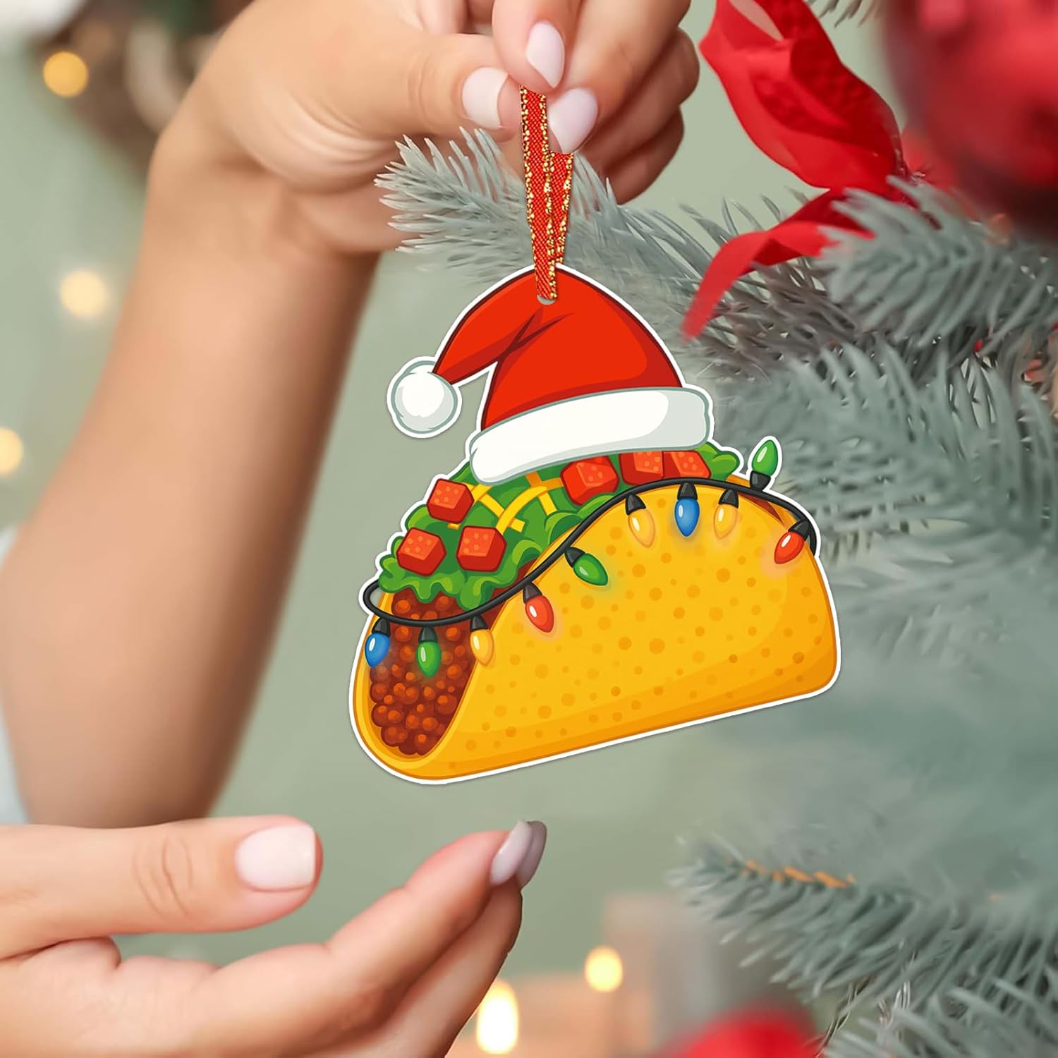 Taco Ornament Funny Santa Hat Taco Food Christmas Ornament Mexican Christmas Ornaments 2D Taco Lover Hanging Ornament for Kids Girl Boy Woman Mom Sister Men Mexican Xmas Home Party Favor - Image 4
