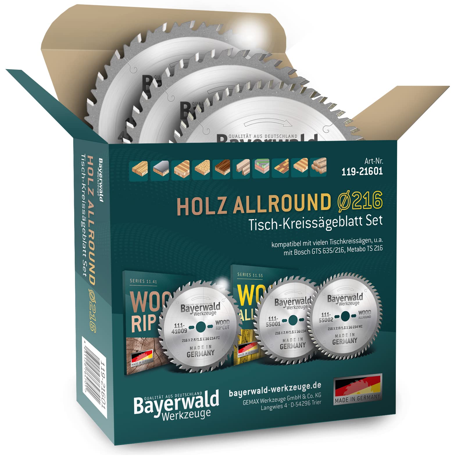 Juego de hojas de sierra circular Bayerwald Ø 216 (3 piezas) - para metales no ferrosos y madera - adecuado para sierras de mesa, por ejemplo, para Bosch GTS 635 y Metabo TS 216 y muchas más.
