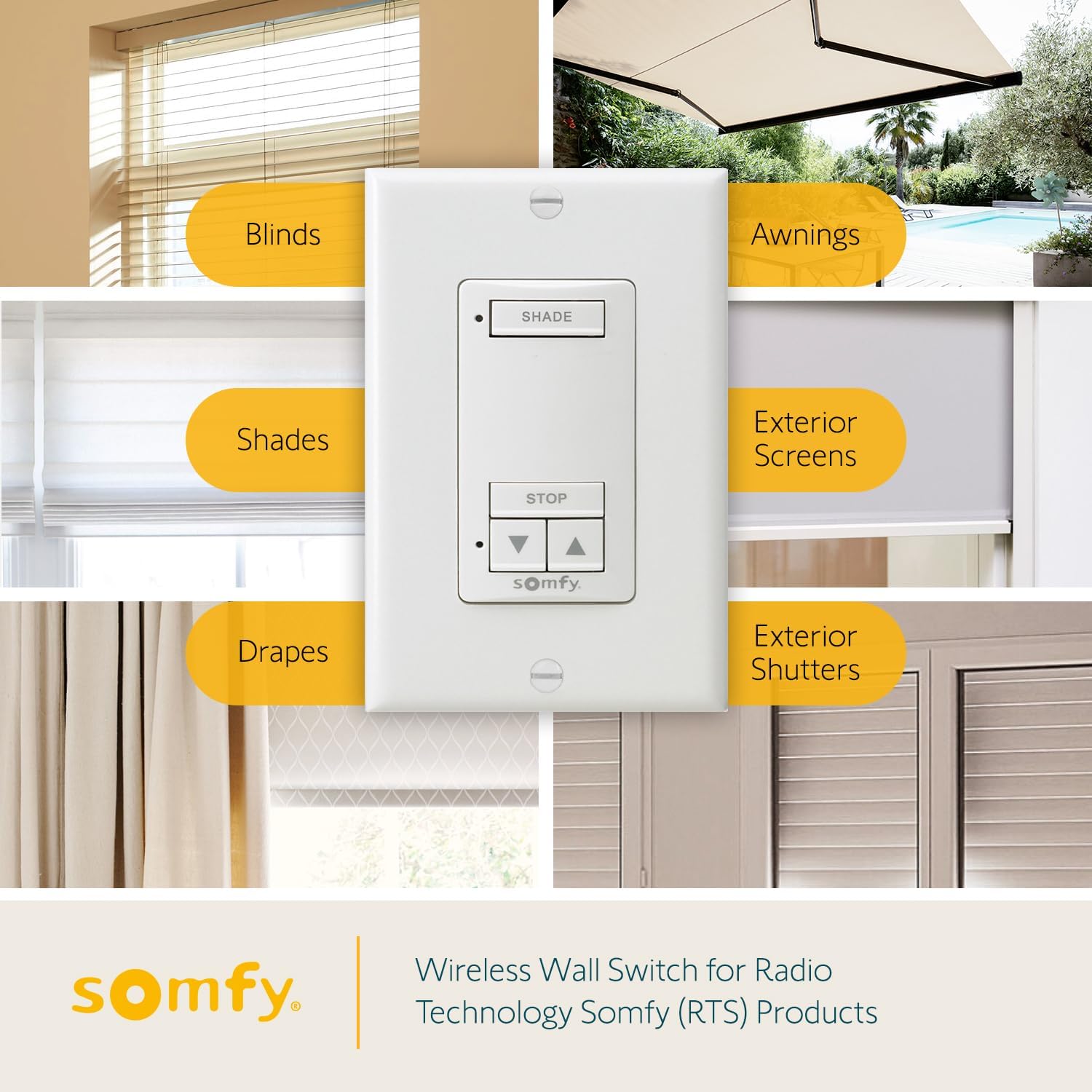 somfy DecoFlex Wirefree RTS Wall Switch - 1 Channel - Pure White Tone - Control RTS Shades, Blinds, Curtains - Battery Pre-Installed, Button Labels, & Mount Included - #1810897